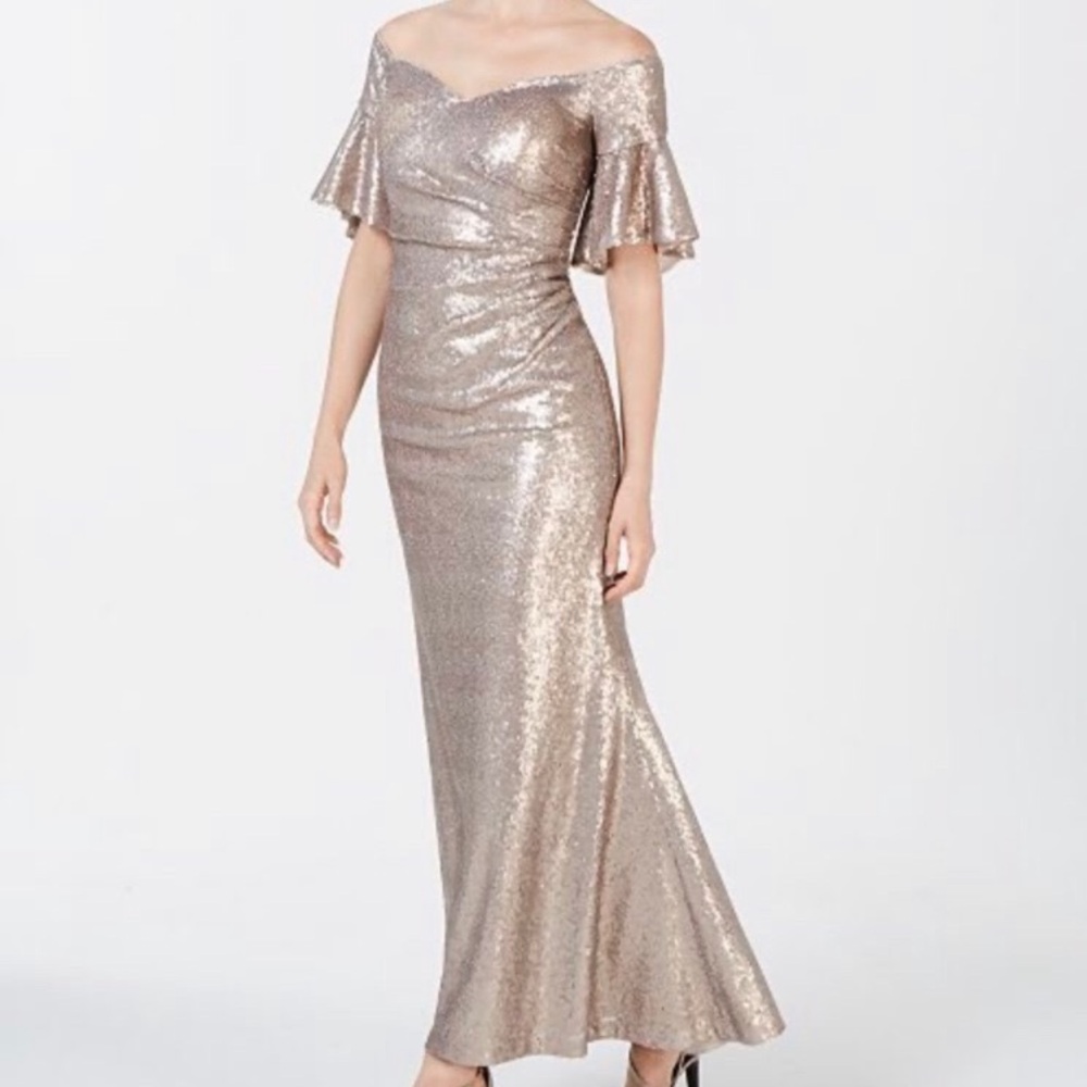 Calvin Klein Gold Sequin Off Shoulder Short Flutter Sleeves Formal Gown - 10